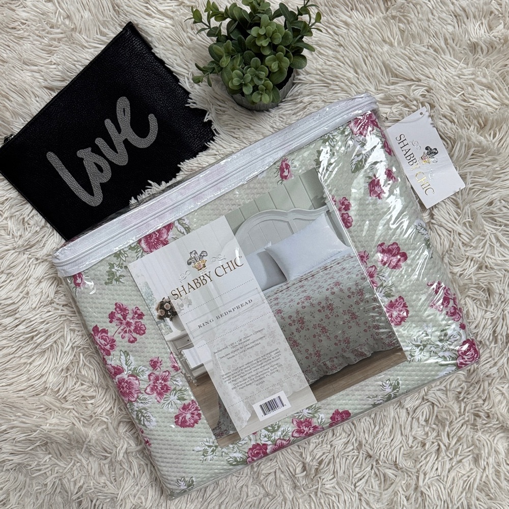 πHPπ Shabby Chic Rose Pattern King Bedspread π Green & Pink - Picture 2 of 12
